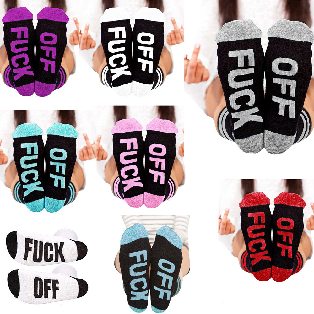 Novelty Naughty Prank Socks FUCK-OFF Logo Striped Mid Cut Cotton Socks Women Men