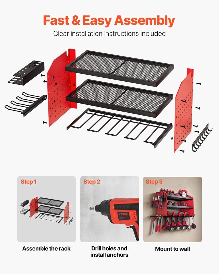 Power Tool Organizer Wall Mount 3-Layer Drill Storage Rack 4 Drill Holders
