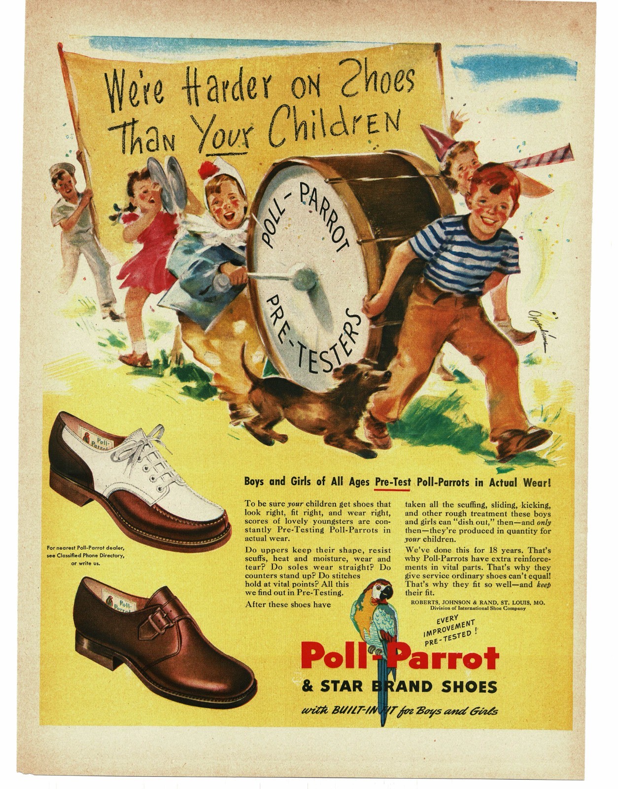 1946 Poll Parrot Children Shoes kids parade Oppenheimer artist Vintage Print Ad