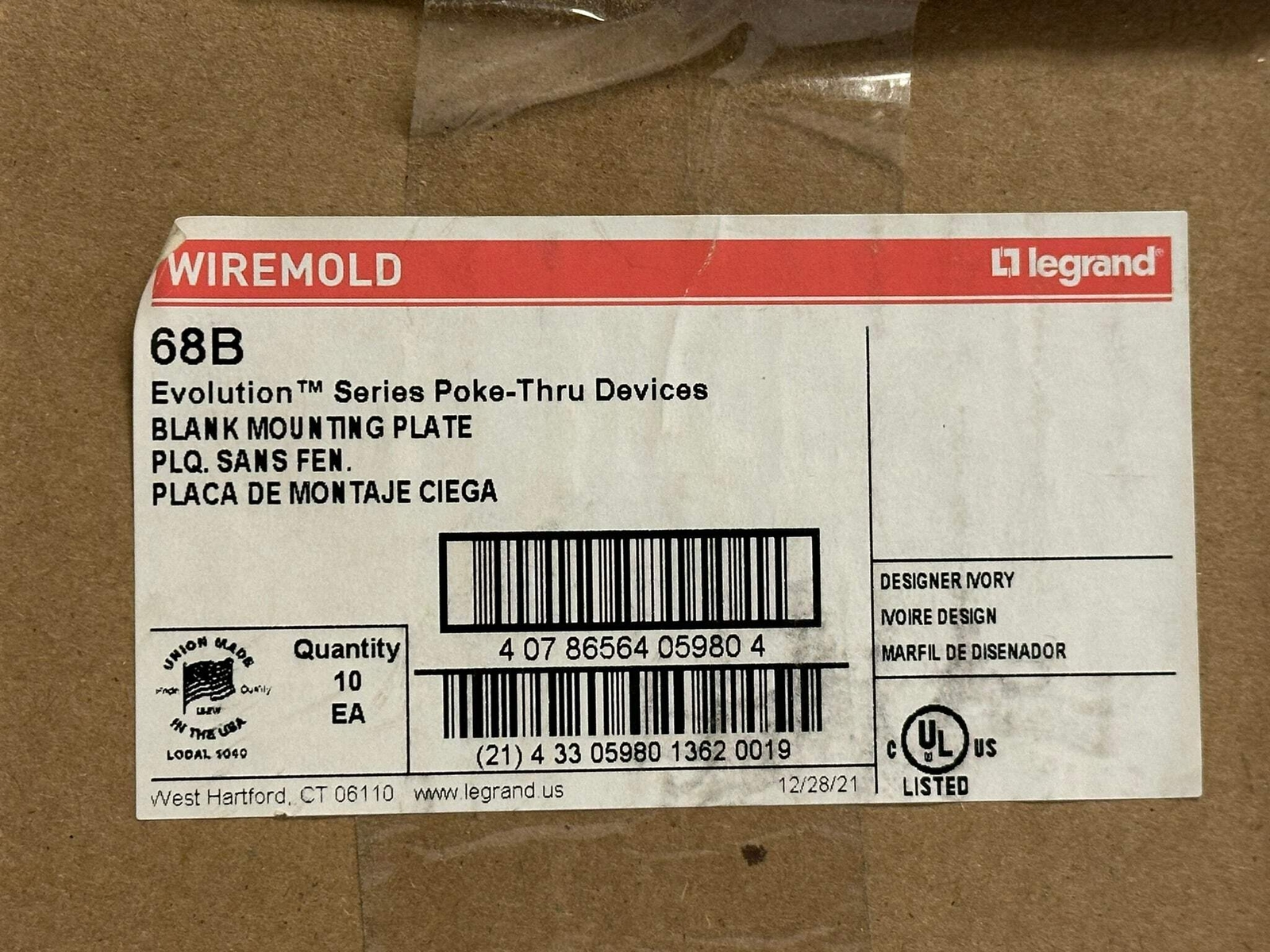 10 PK Legrand Wiremold (68B) Blank 1/2-Gang Device Plate, 6AT/8AT Series