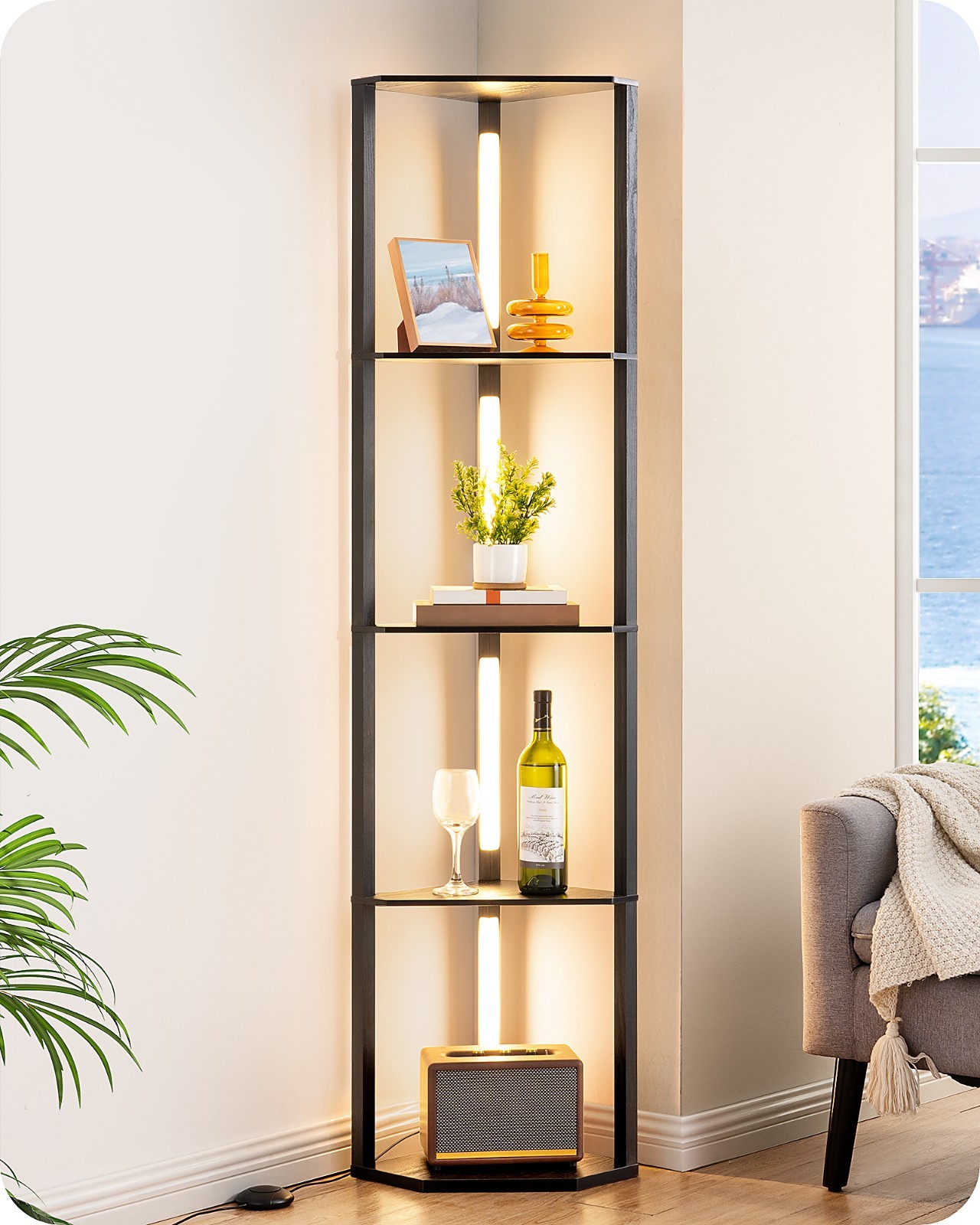 EDISHINE 64" Corner Display Shelf with Light, for Living Room, Bedroom, Office