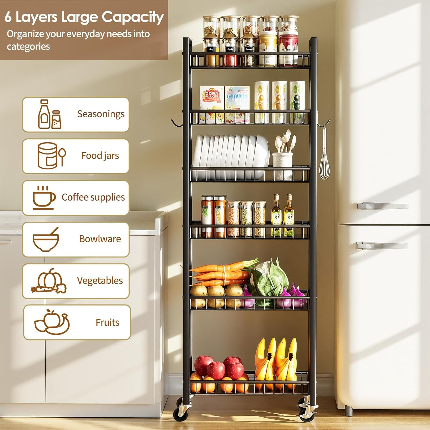 6 Tier Slim Storage Cart, Narrow Rolling Cart with Wheels, Narrow Mobile Utility