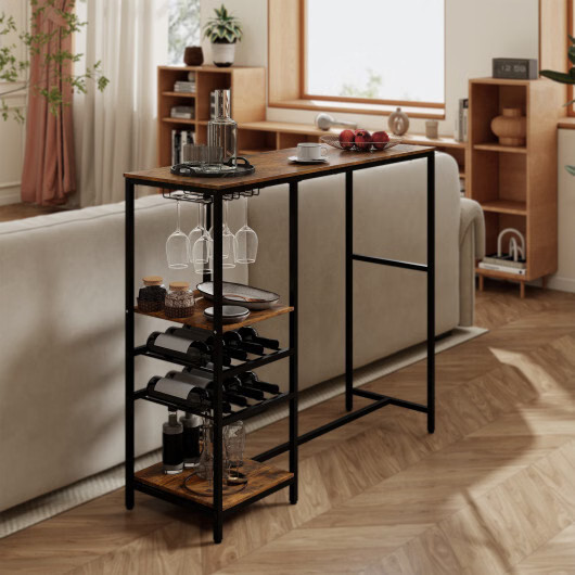 Long Bar Table Bar Height Dining Table with Storage Shelves-Rustic Brown - Color