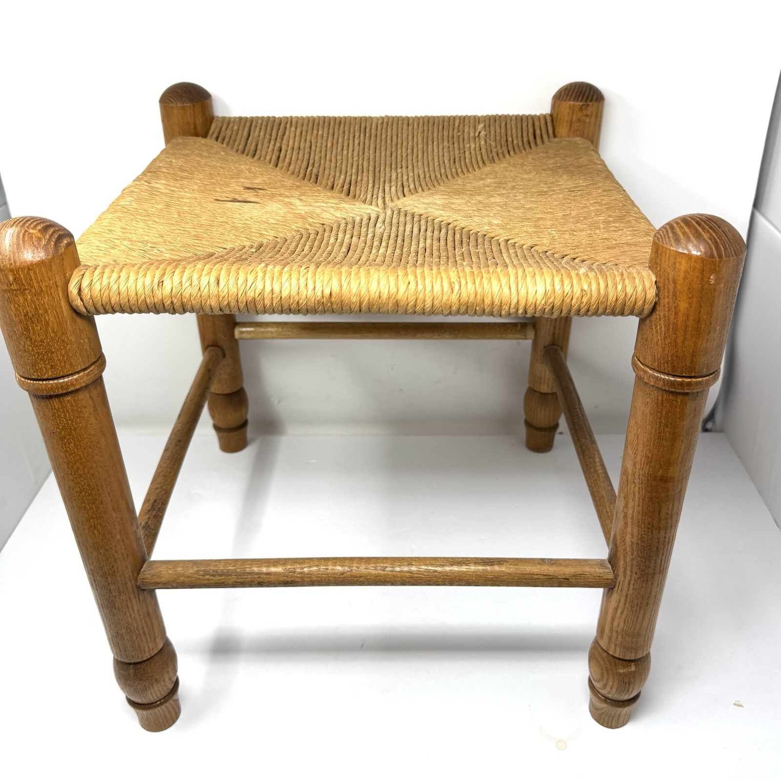Vintage Rope Twine Rush Seat Wood Footstool Rustic English Country Cottage
