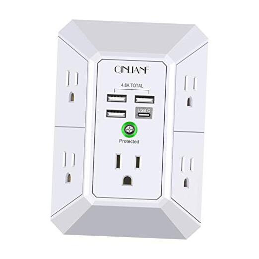 Wall Charger, Surge Protector,  5 Outlet Extender with 4 USB 3U1C White
