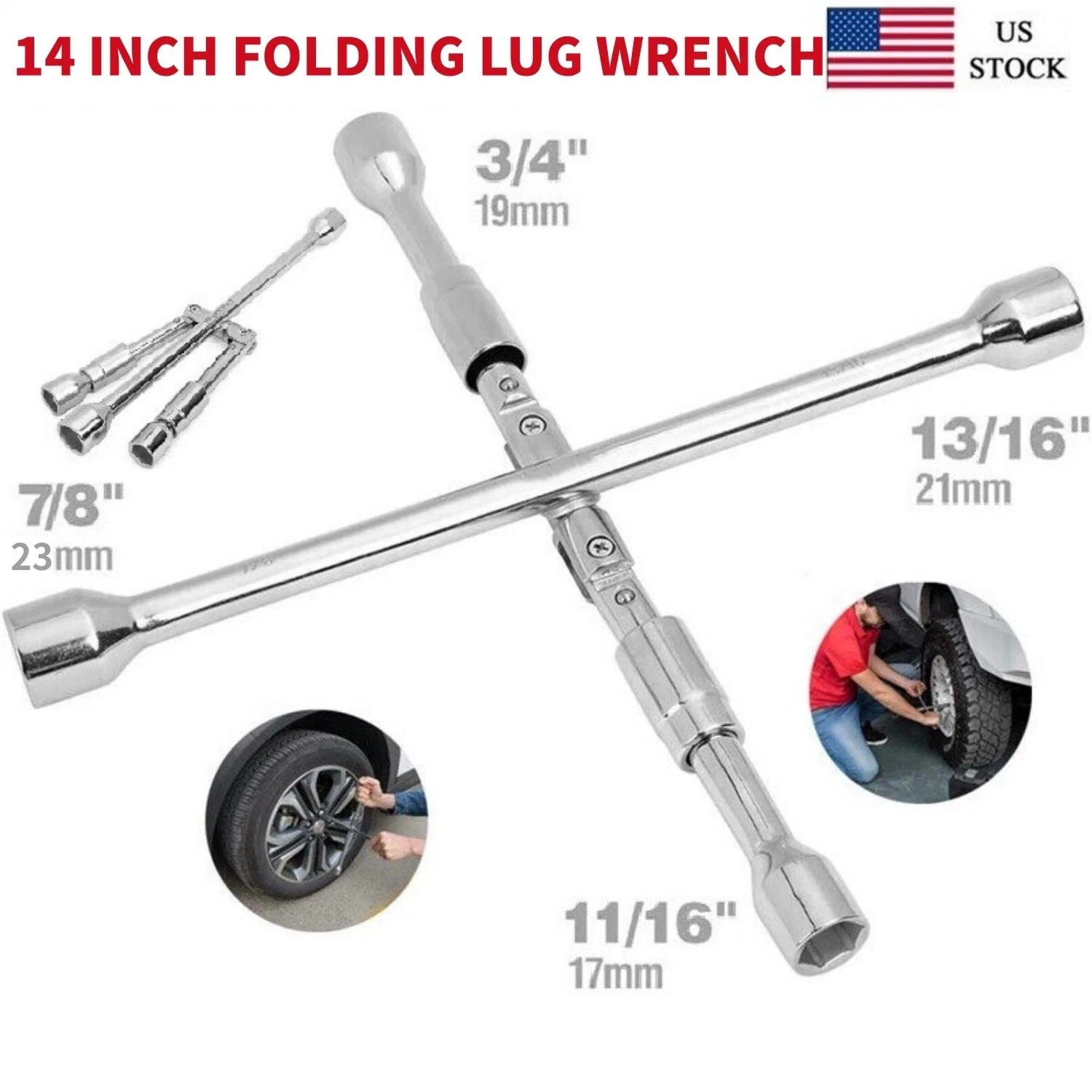14-Inch Foldable 4 Way Lug Wrench(17,19,21,23mm),Cross Lug Nut Removal Tool New