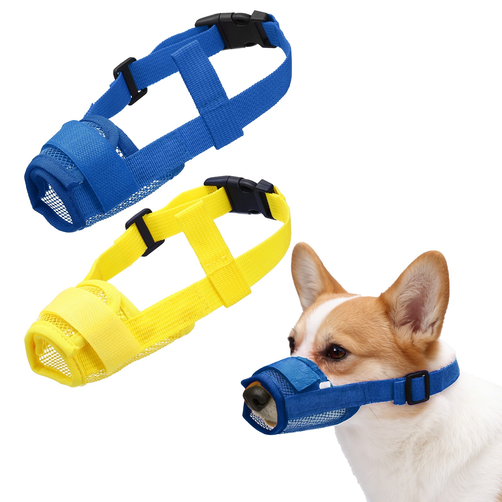 Dog Muzzle, Soft Mesh Muzzle Mouth Guard Cover(2Pcs, Yellow, Blue, M)
