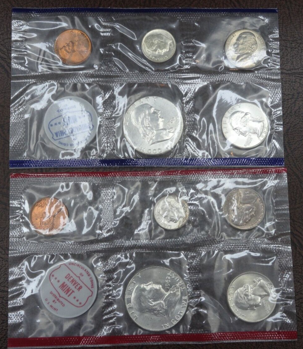 1962 P & D US Mint Set Uncirculated 10 Coins No Envelope 90% Silver
