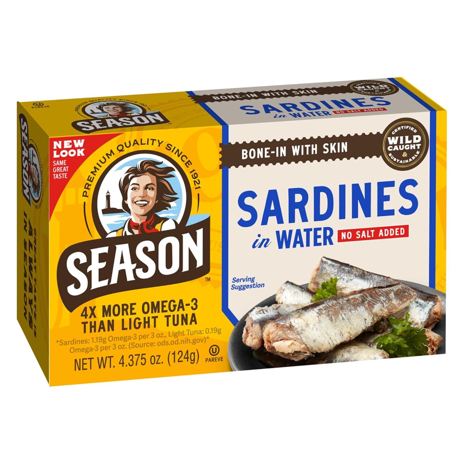 Season Sardines in Water No Salt Added 4.37oz Pack of 12 Wild