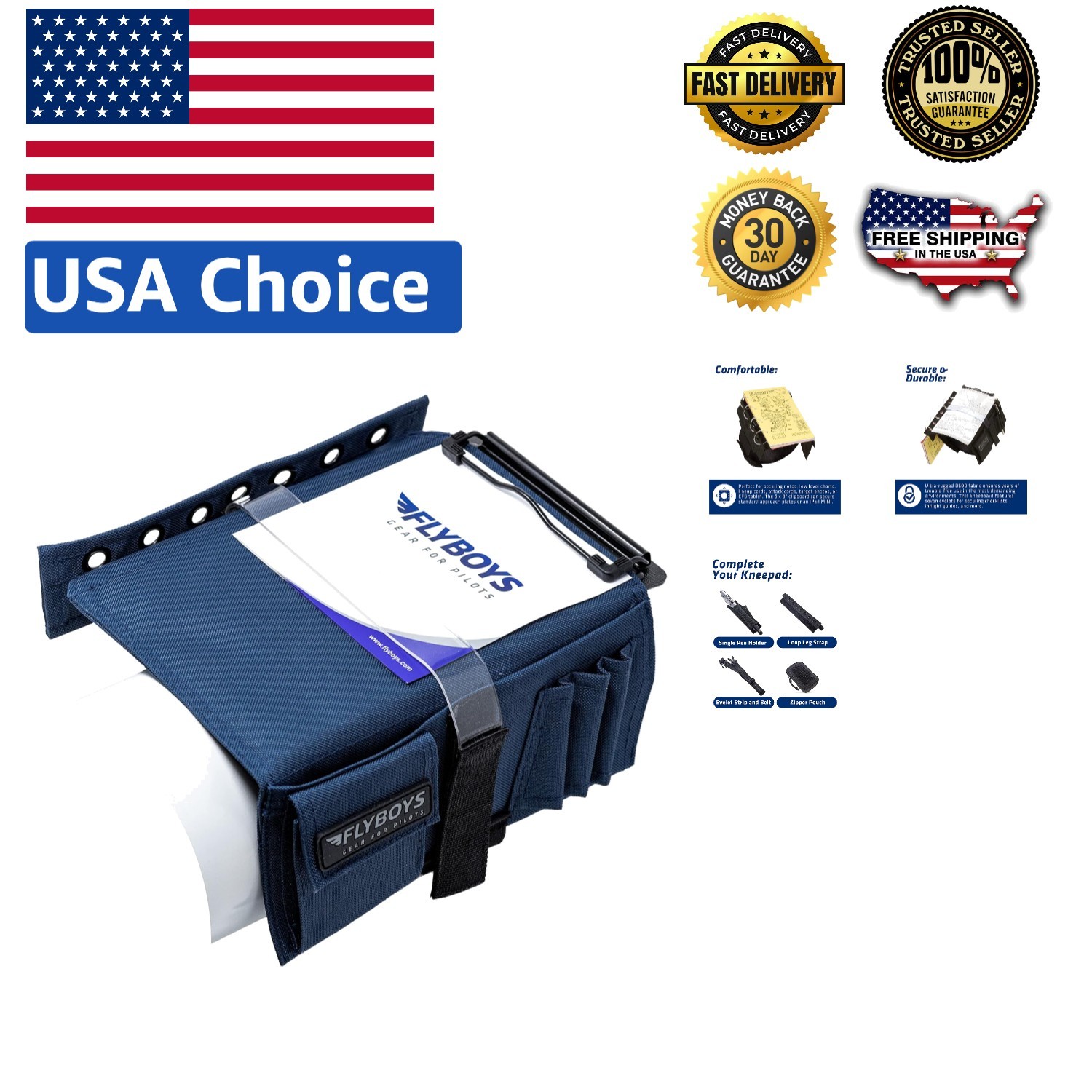 Classic Navy Blue Kneeboard with Clipboard & Tablet Holder for Pilots - 0.35 lbs