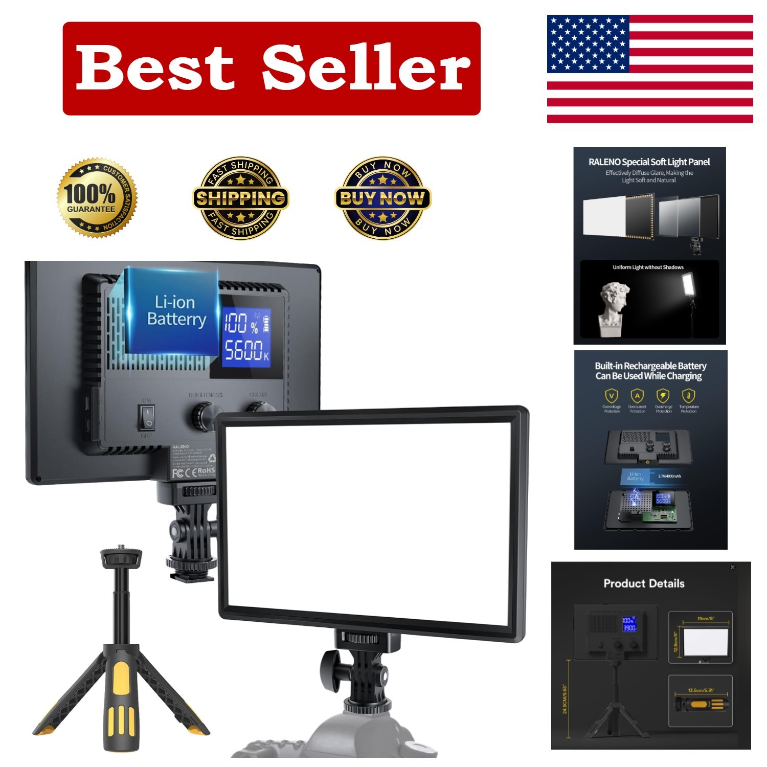 Portable LED Camera Light with 4000mAh Battery for Crisp Videos - 3200K-5600K