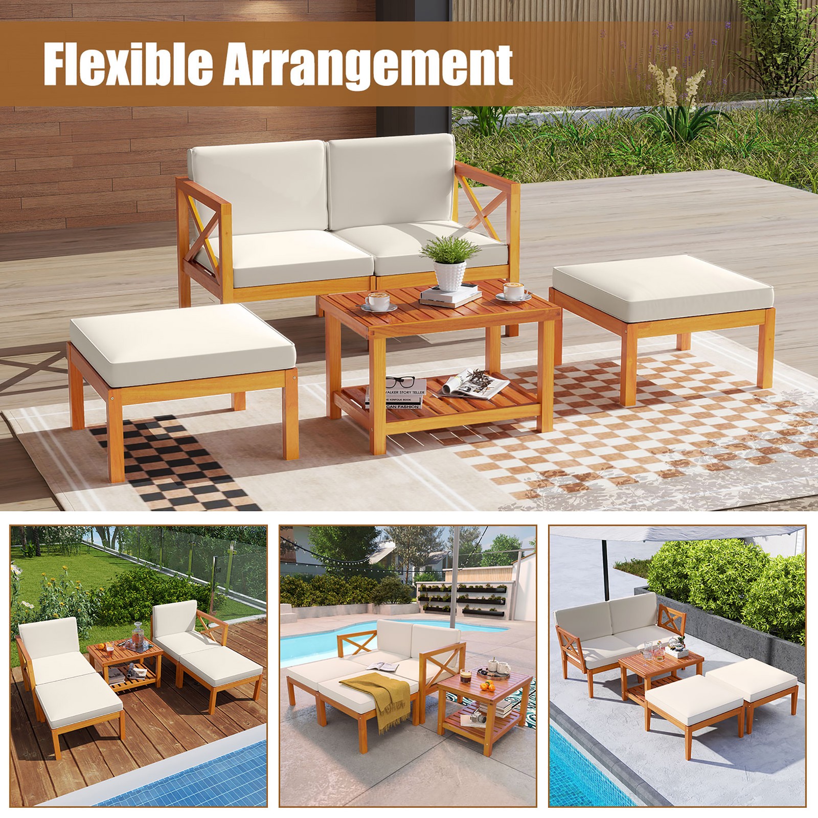 5 PCS Acacia Wood Patio Chaise Lounge Chair Set w/ 2-Tier Coffee Table Cushions