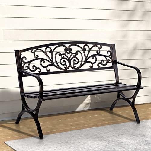 Garden Bench Metal Patio Bench Outdoor Porch Park Bench Cast Iron Sturdy Steel..