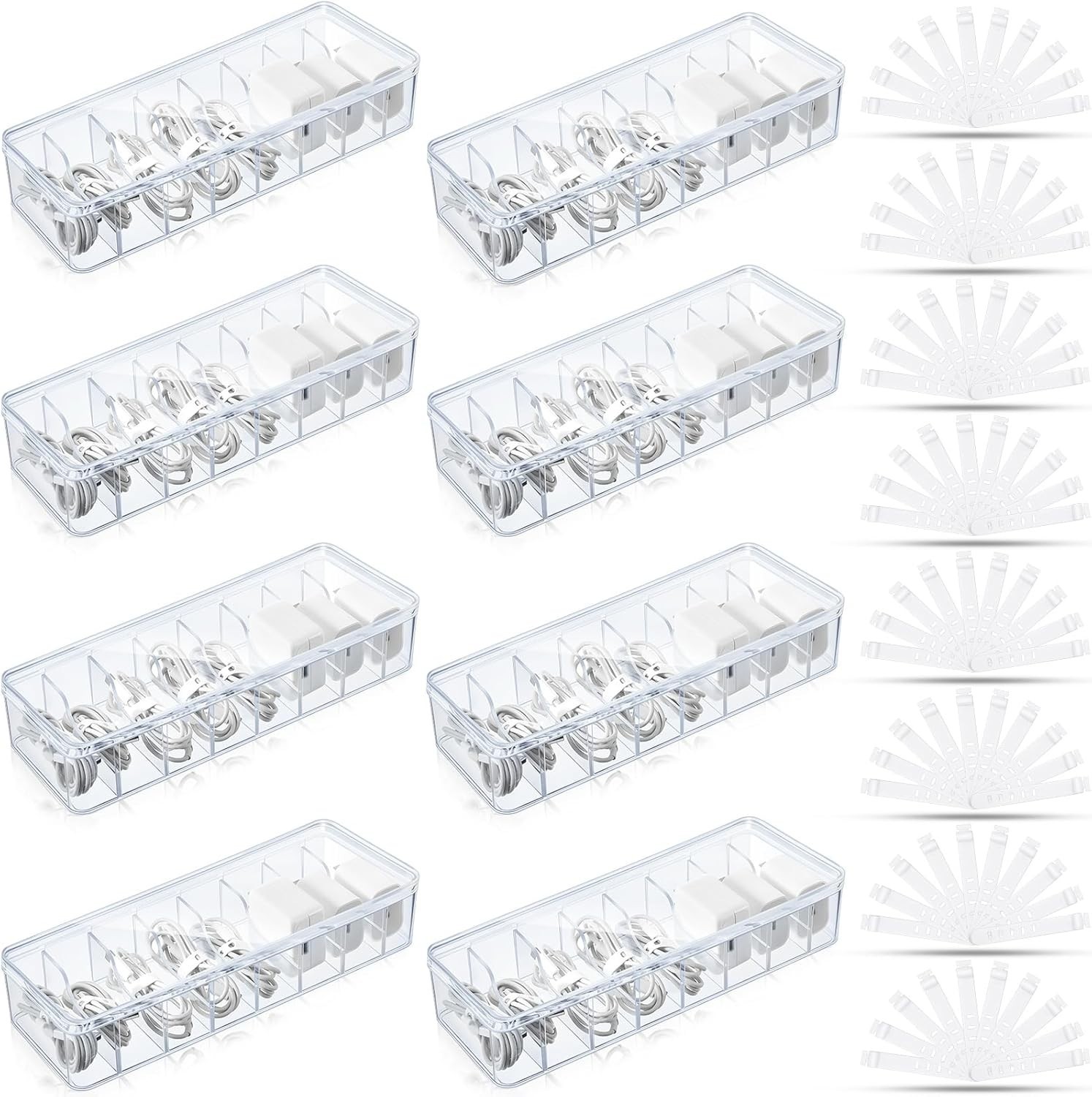 8-Piece Clear Cable Organizer Box Set with 80 Wire Ties - Tidy Your Space