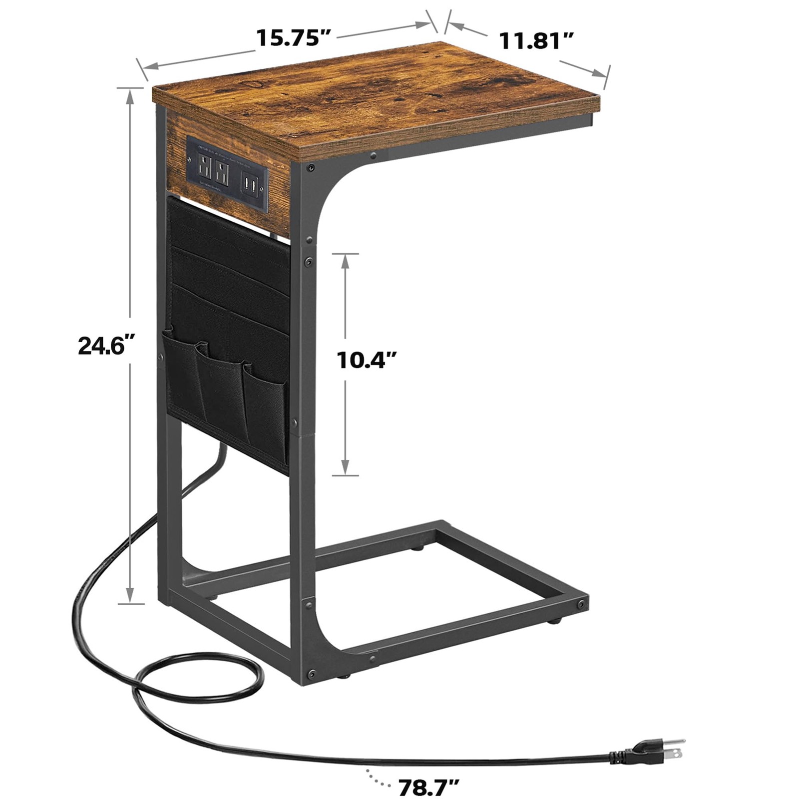 C Shaped End Table with Charging Station, Side Table for Sofa, Couch Table wi...