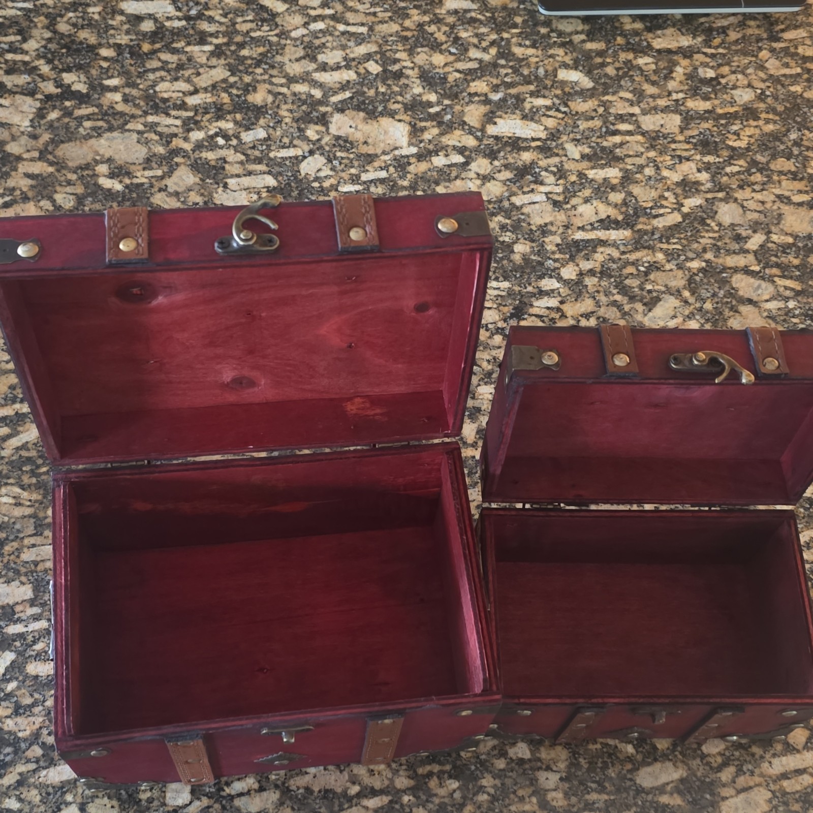 Set of 2 Red Wooden Decorative Storage Trunks with Metal Accents