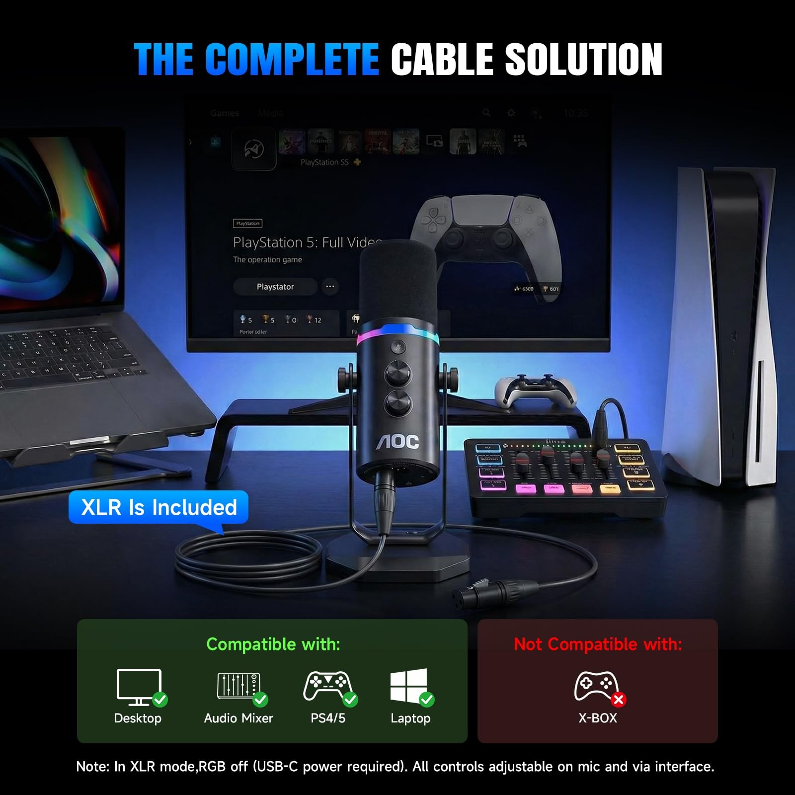 AOC Dynamic Microphone,PC Gaming Mic with RGB Light,USB/XLR Podcast Black