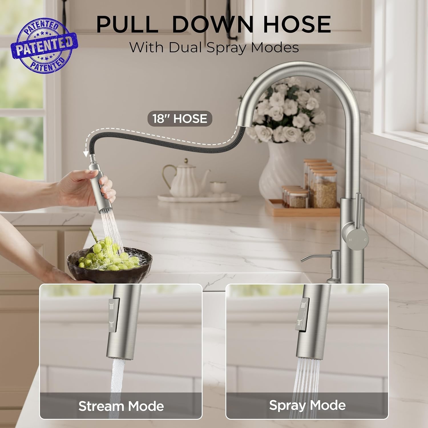 Versatile Brushed Nickel Kitchen Faucet with Pull Down Sprayer & Soap Dispenser