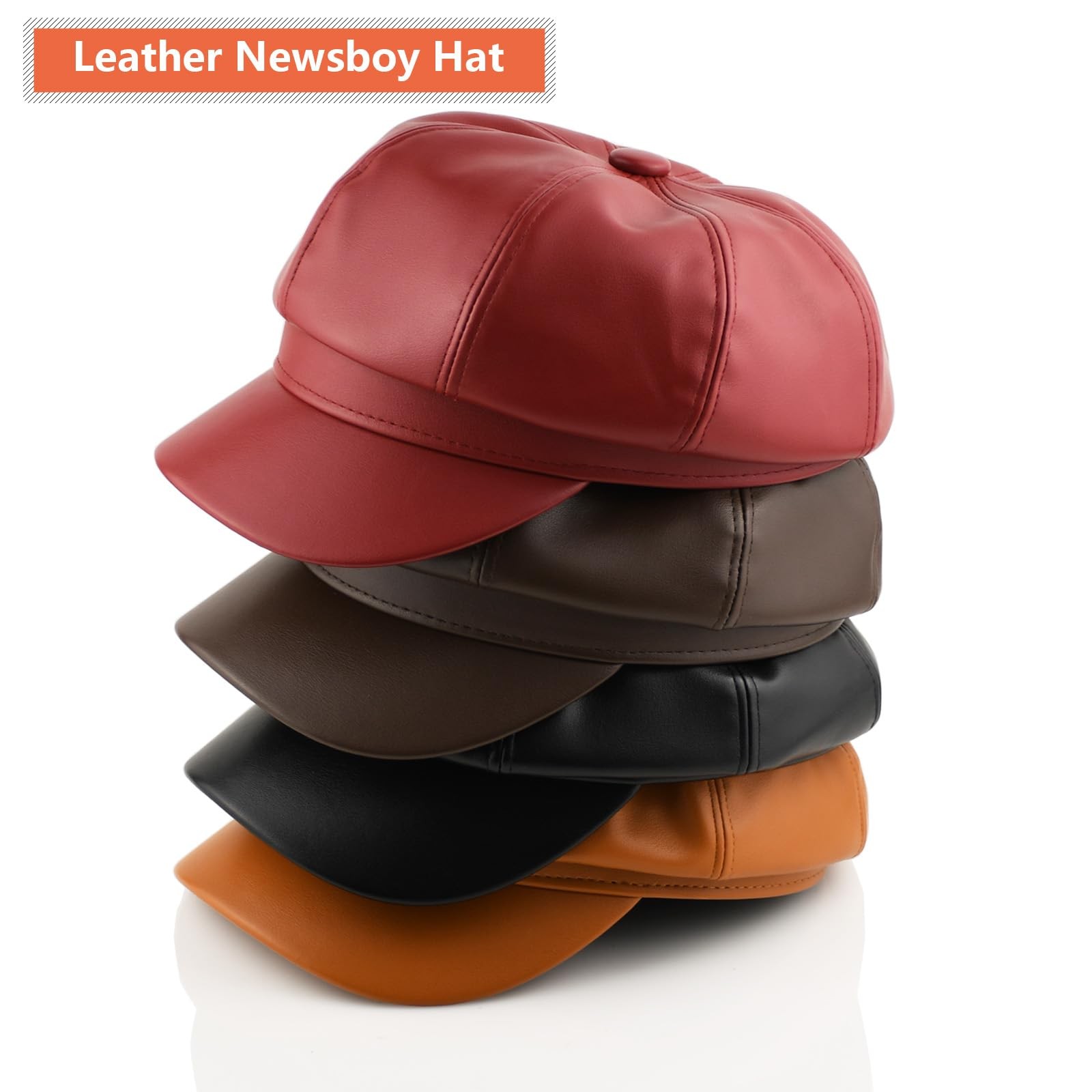 Black Leather Newsboy Hat for Women - Spring Newsboy Beret for Men British Sa...