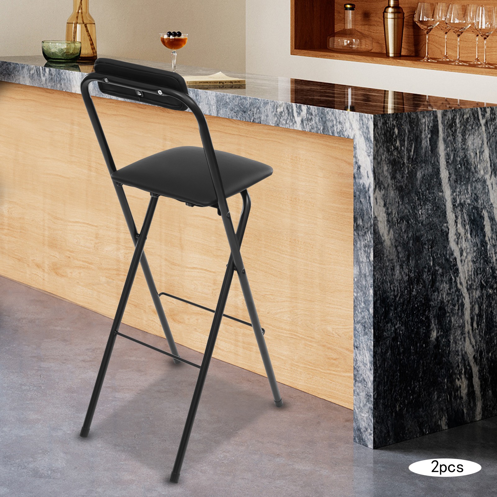 2Pcs Black Foldable Bar Chair Modern Tall Folding Chair Portable Folding Stool