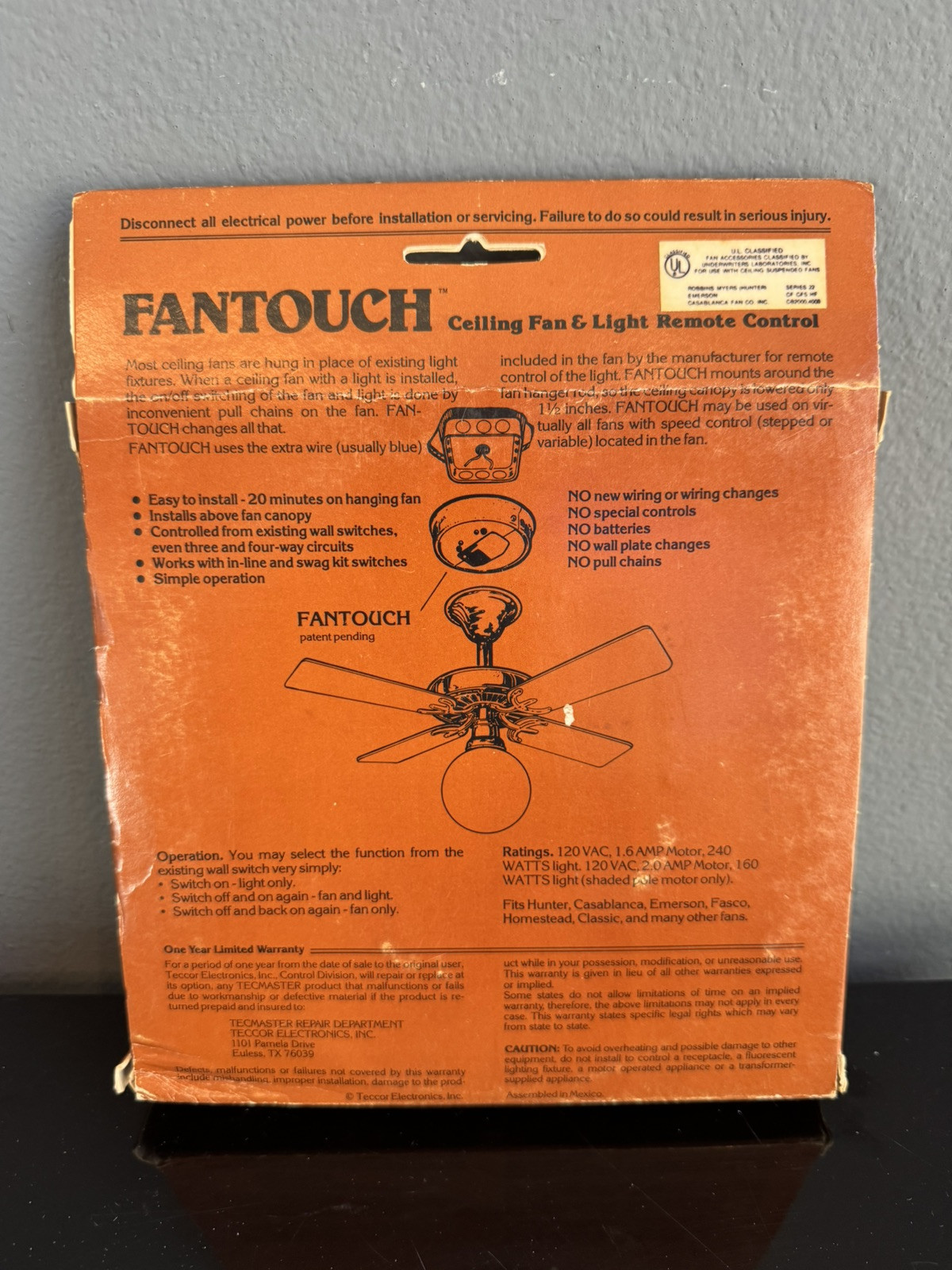NEW TECMASTER FANTOUCH ceiling Fan & Light Remote Control In Original Box W Tag