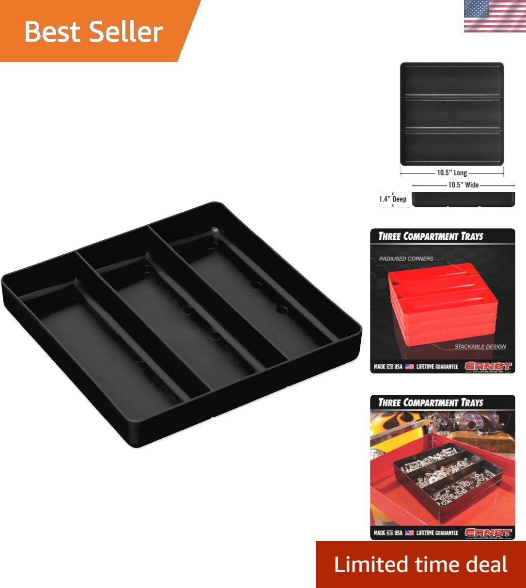 Impact Resistant 3-Compartment Organizer Tray for Workshop & Hobby Use - Black