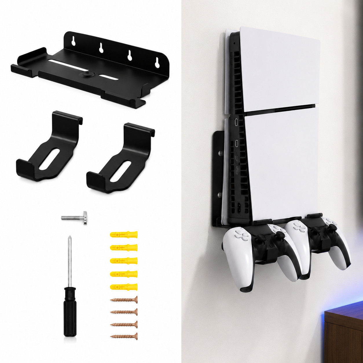 PS5 Slim Wall Mount Steel Bracket with Dual Controller Holders Disc Digital 2023