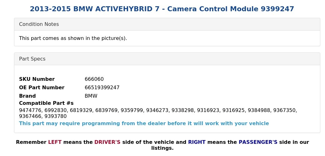 2013-2015 BMW ACTIVEHYBRID 7 - Camera Control Module 9399247
