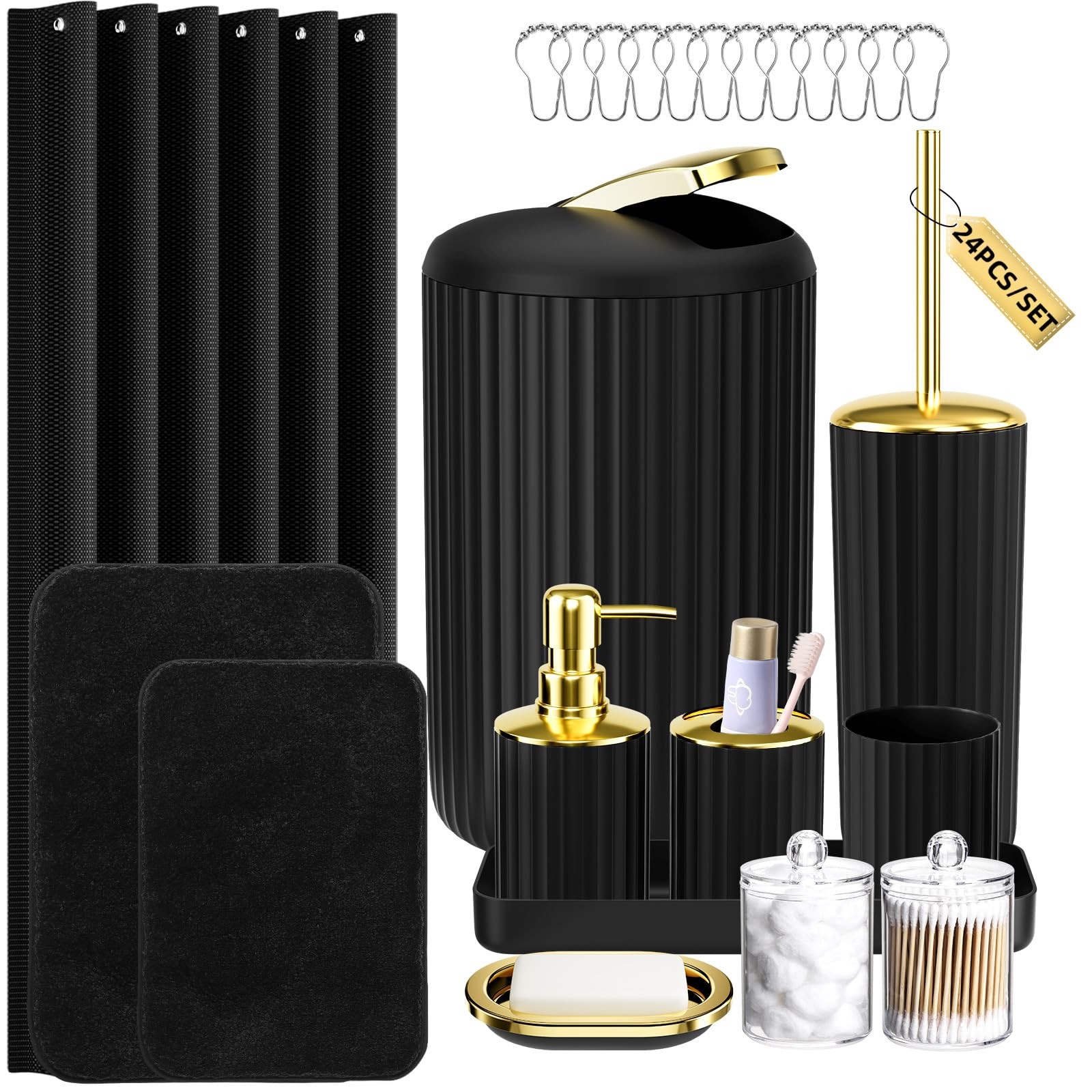 Black and Gold Bathroom Set with Shower Curtain and Rugs, Bathroom Sets with ...