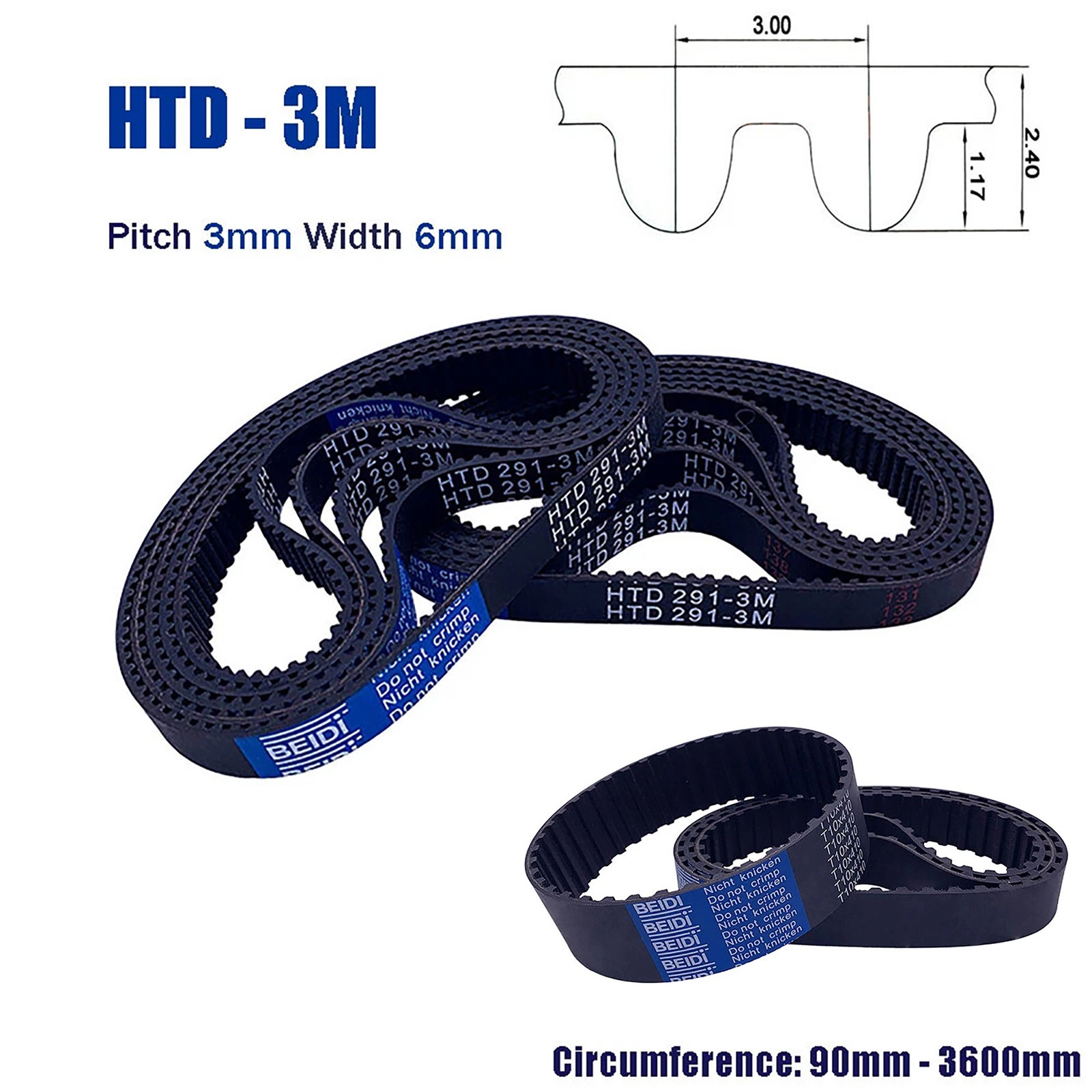 HTD 3M Pitch 3mm Close Loop Synchronous Timing Belt Width 6mm Rubber Drive Belt
