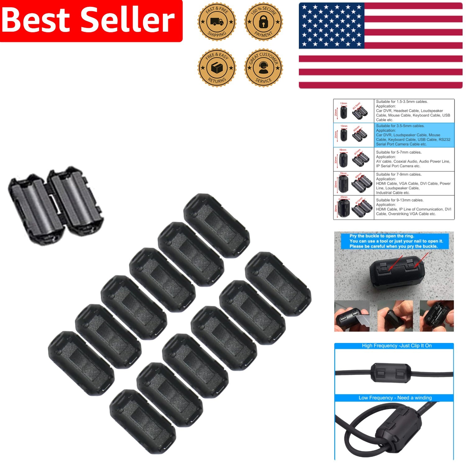 Versatile 5mm Clip-On Ferrite Cores - 15PCS EMI Filter for Cable Management