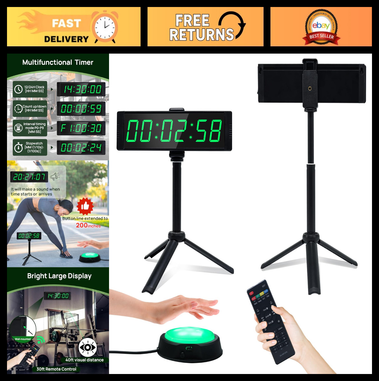 Large Digital Gym Timer Clock - Fitness Stopwatch Countdown, 12/24H Wall Clock