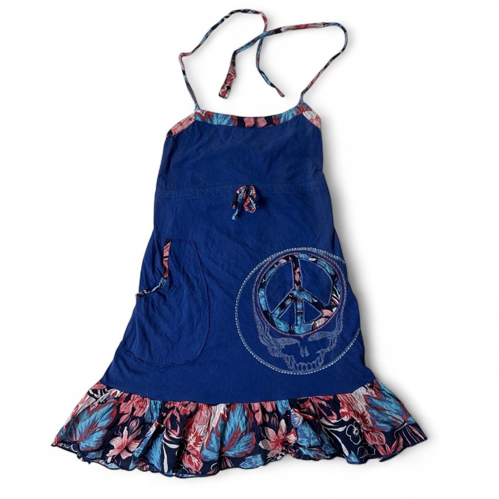 VTG Grateful Dead Blue Floral Peace Skull Logo Sun Dress Spaghetti Strap Medium