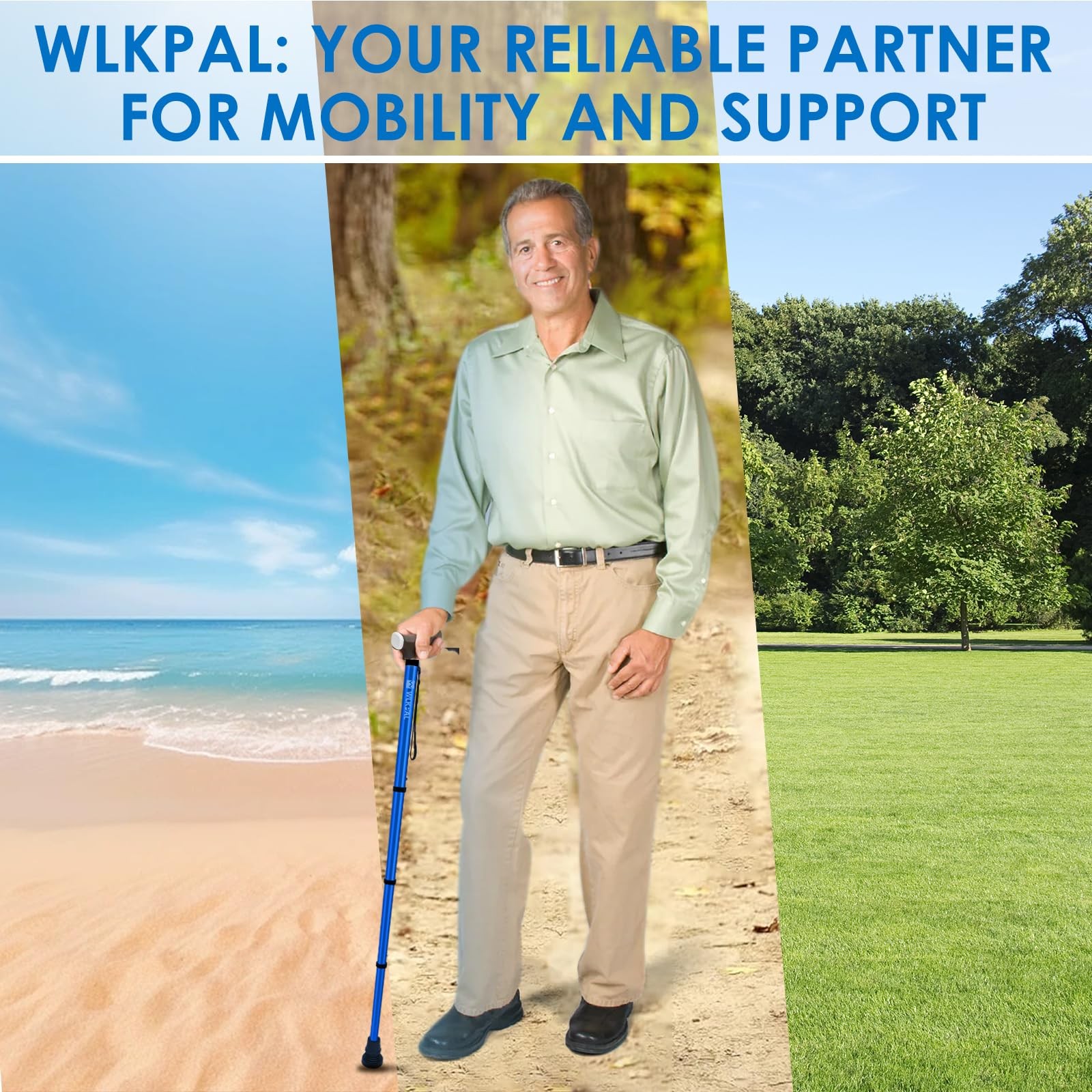 WLKPAL Adjustable & One-Button Folding Walking Cane for Large, Nautical Blue
