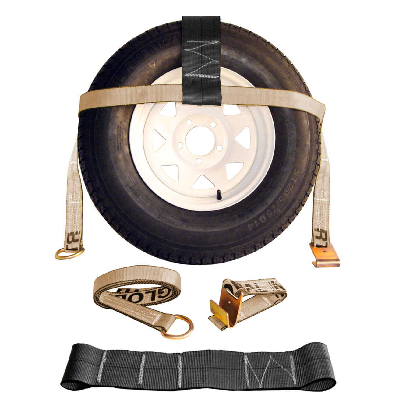 Tow Dolly Basket Strap 2″ Lasso Tire Tie Down w/ Rail Hook Silver 3,335 WLL