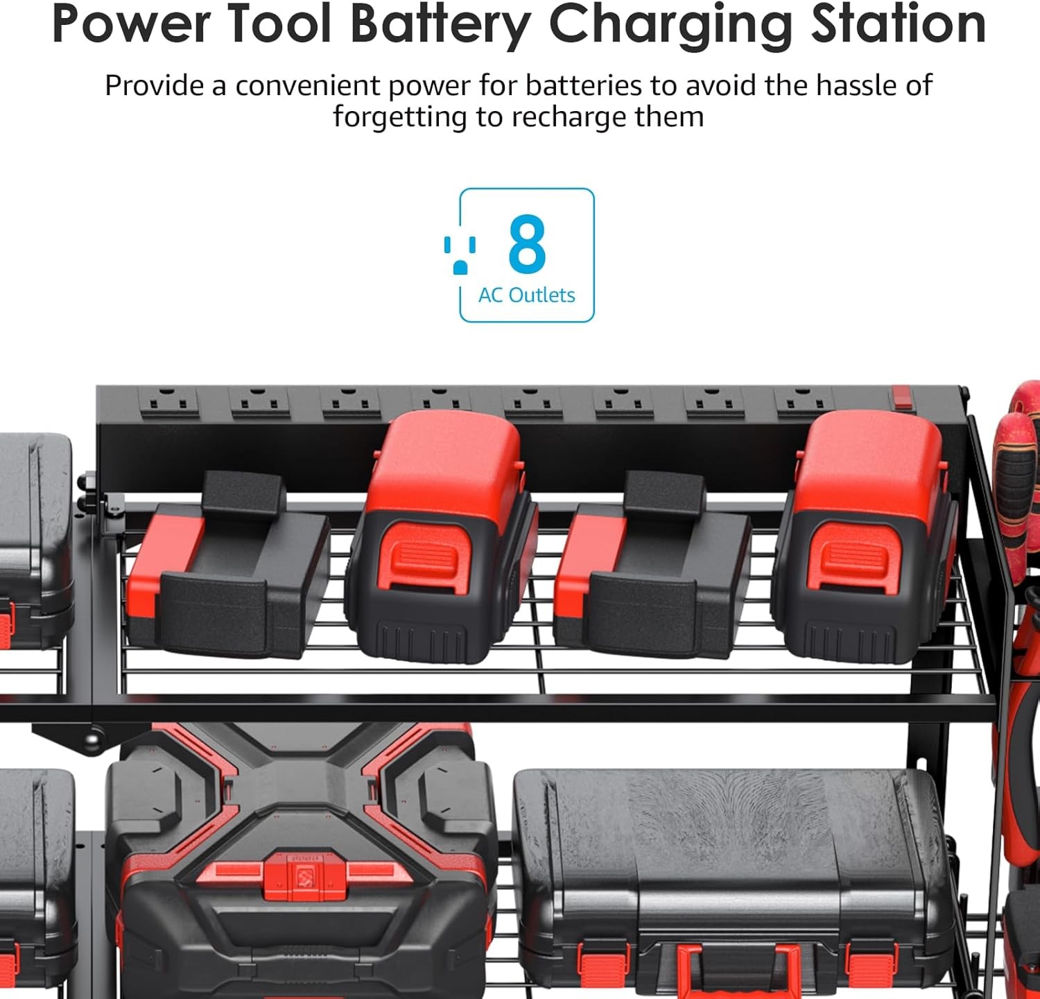 Large Garage Tools Storage with Charging Station. Power Tool Battery