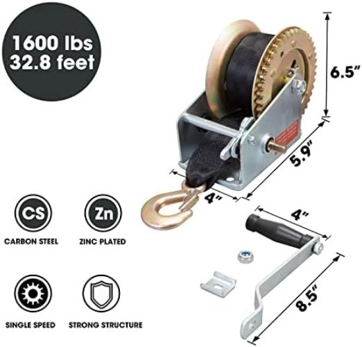 Ergonomic 1600lbs Winch with Durable Nylon Strap - Perfect for Boats & Trailers