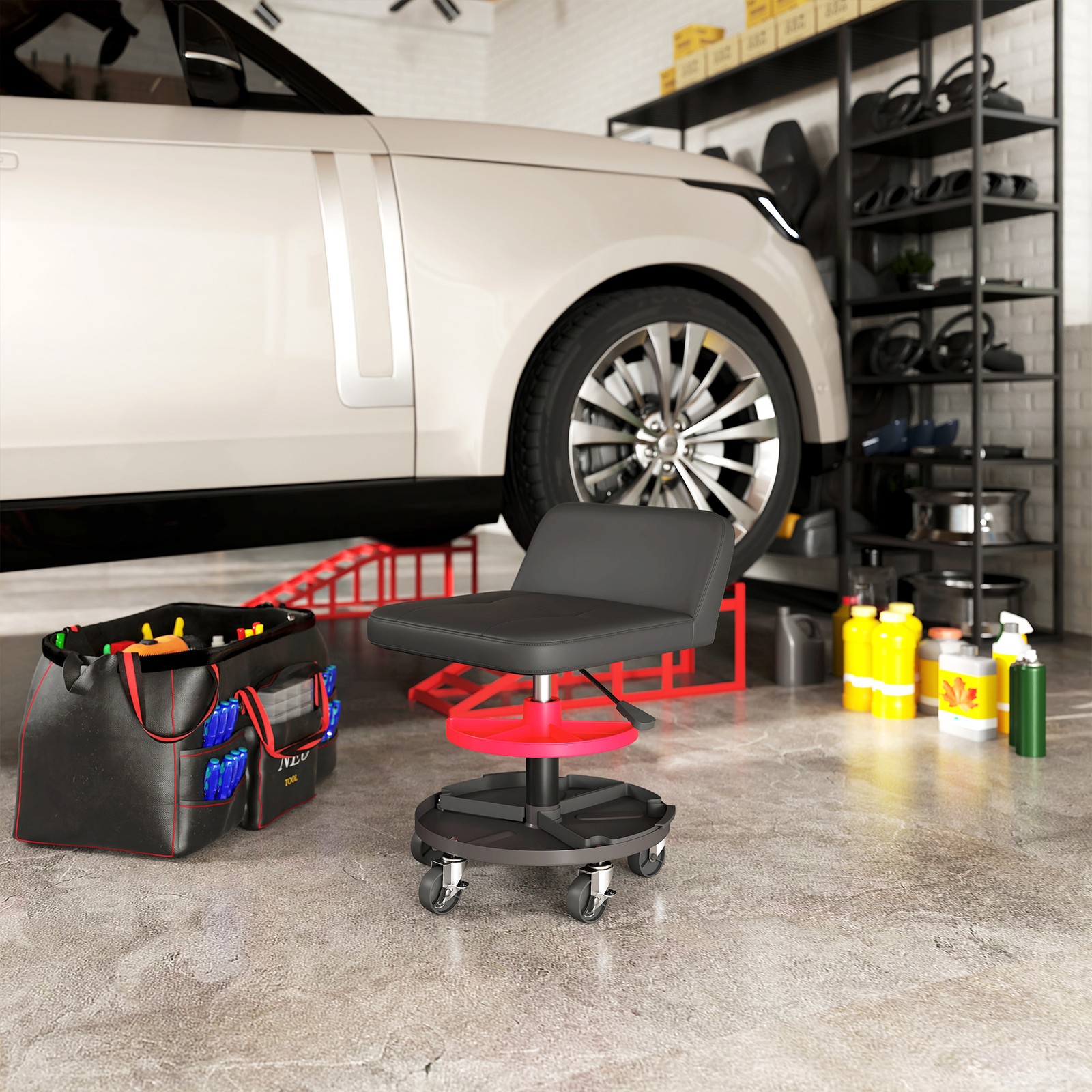 HOMCOM Rolling Mechanic Stool, 300 LBS. Capacity Garage Stool, Black