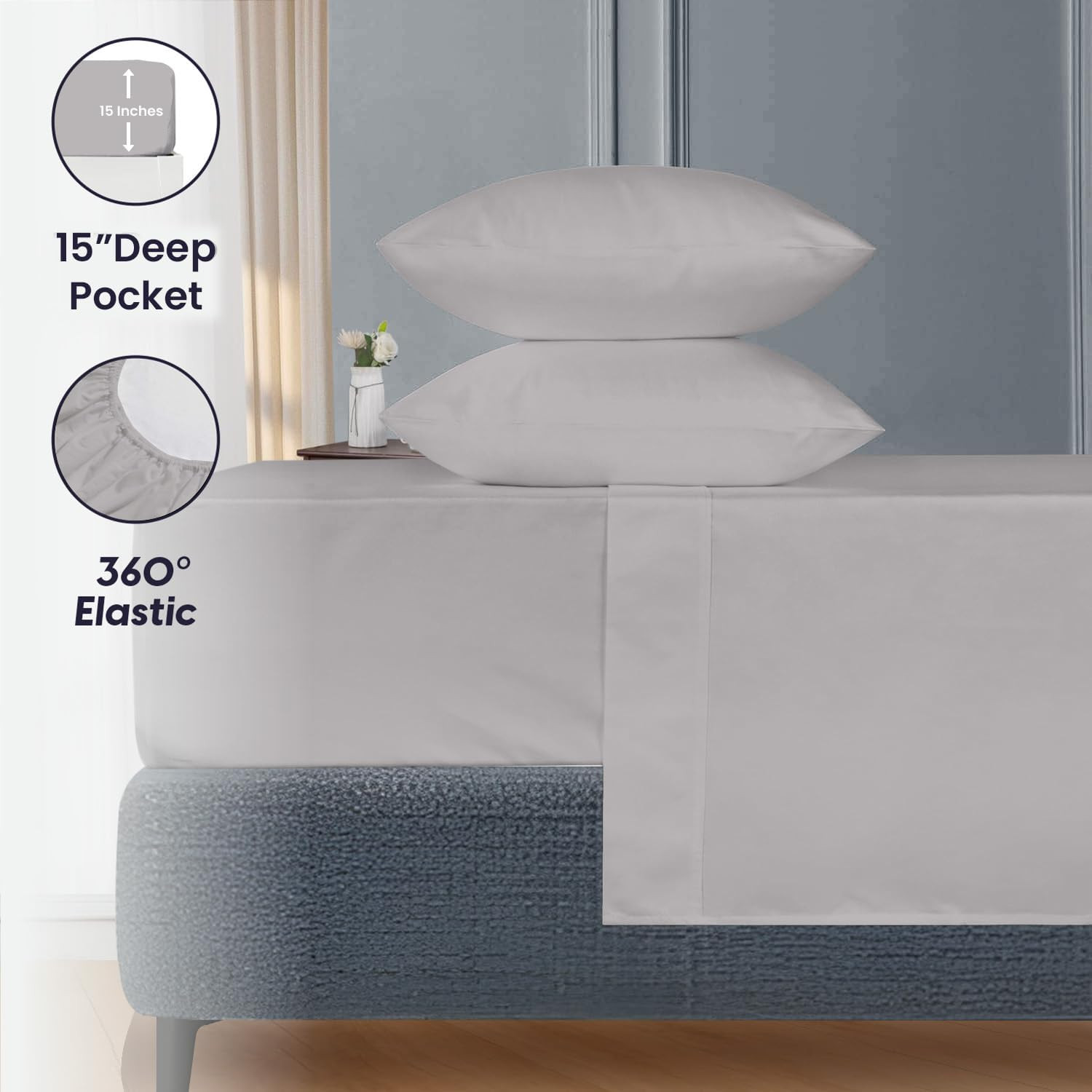 Luxury 120" x 80" King Sheet Set - 100% Egyptian Cotton, Silver