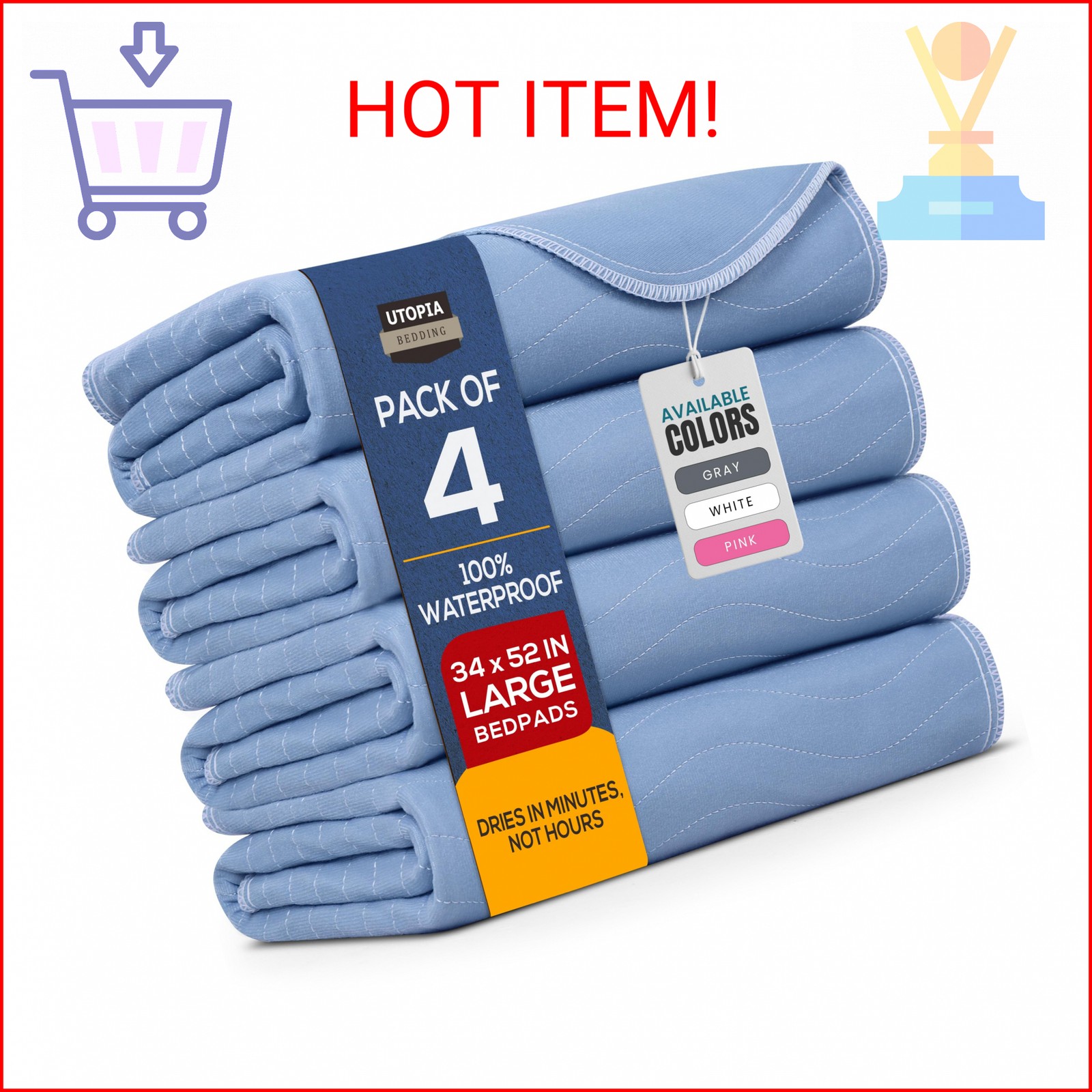 Utopia Bedding Washable Underpads 34" x 52" (Pack of 4), Waterproof Reusable Hea