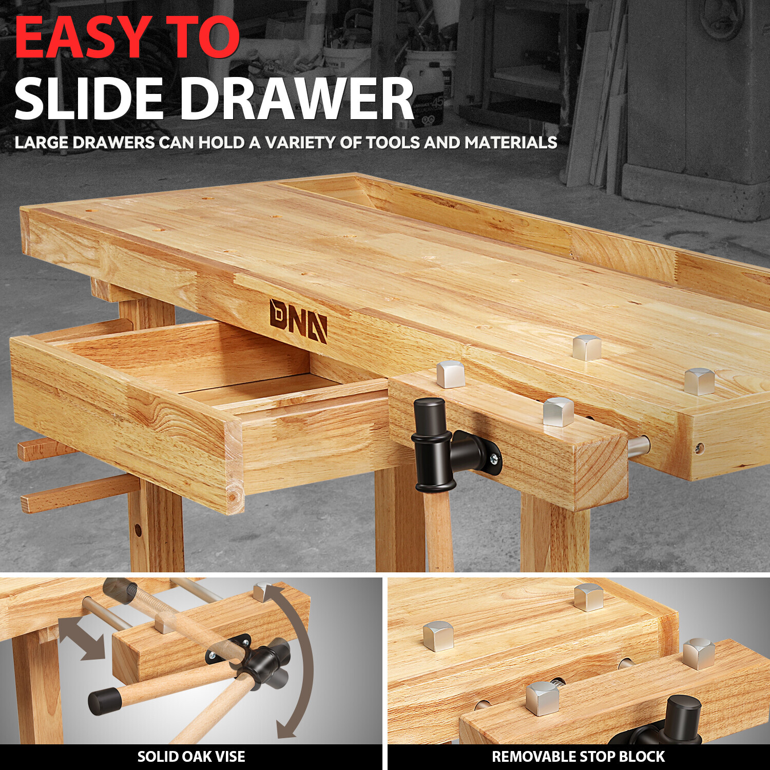 50 "x 20" Heavy Duty Oak Workbench Work Table w/ Drawer & Adjustable Handle