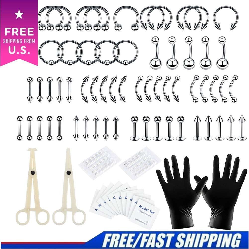 84Pcs Professional Body Piercing Tool Kit Ear Nose Navel Nipple Needles Ring NEW