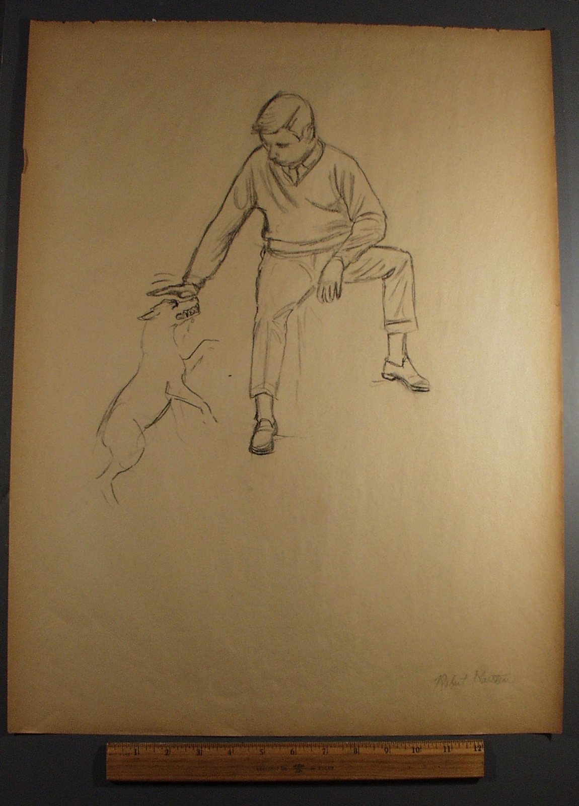 ORIGINAL STUDIO ART CHARCOAL SKETCH MAN & DOG, ROBERT KARSTEN, YORK, PA.