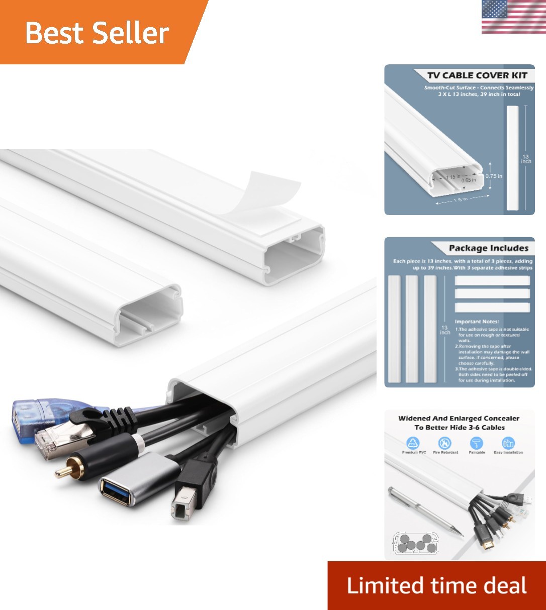 Fire Retardant 39in TV Cord Concealer | Modern White Wire Cover for Safety