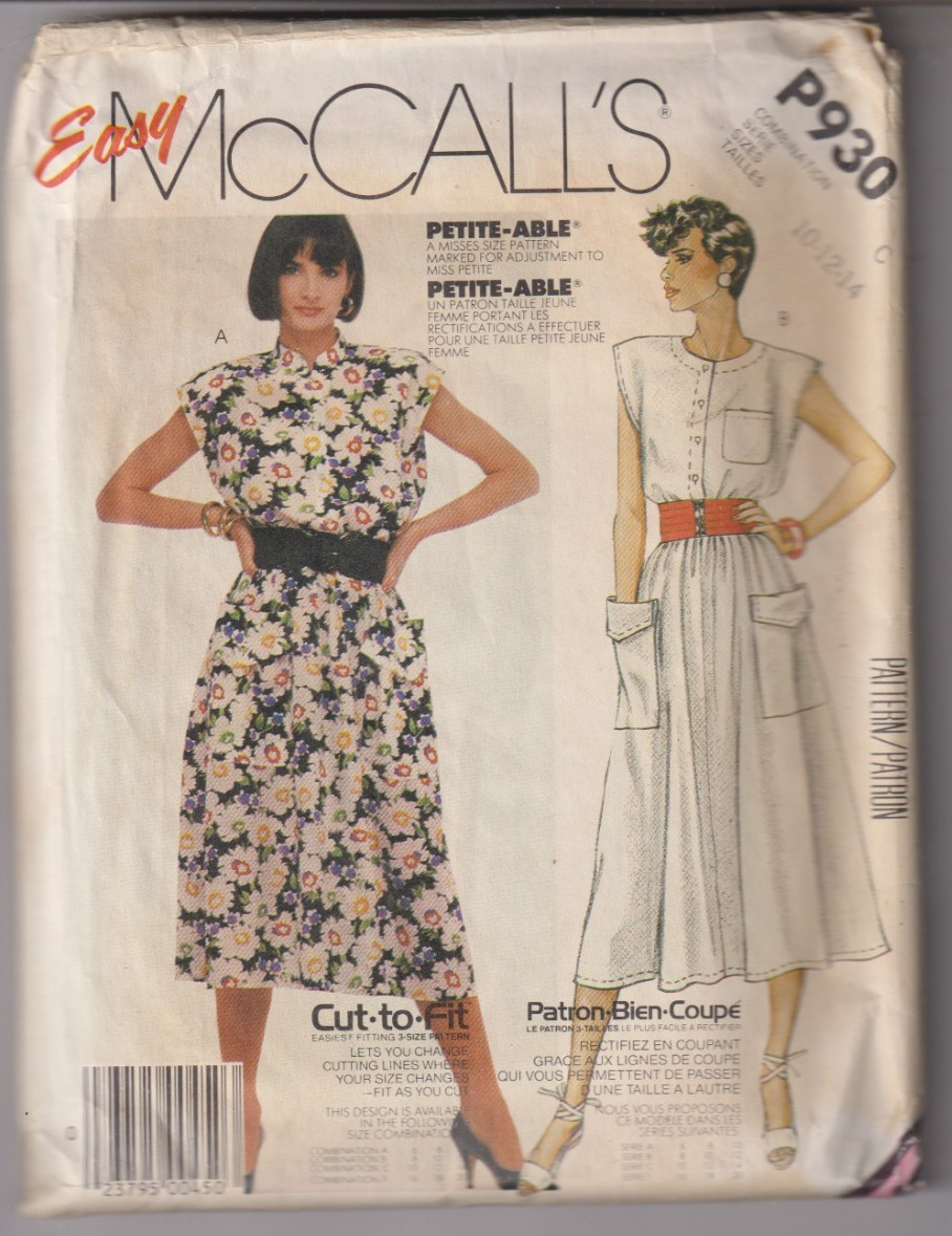 930 McCALLS Easy - Sleeveless Pullover DRESS - Sz 10/12/14