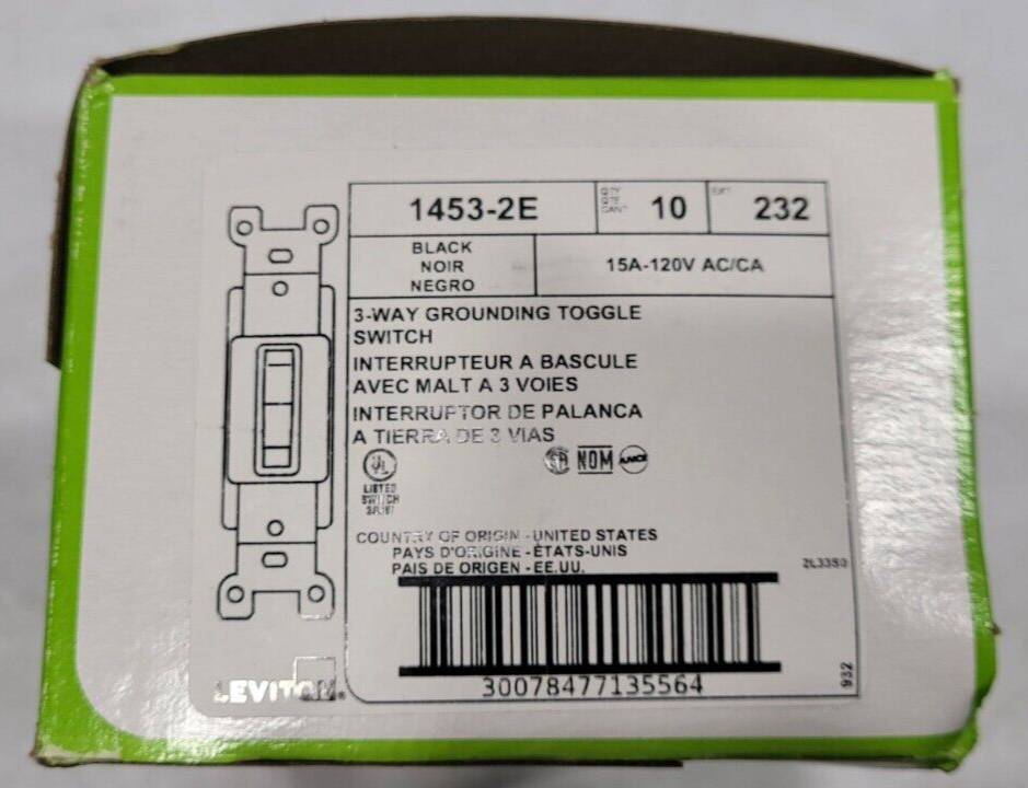 Leviton  1453-2E 4532E 3-Way Toggle Switch  Black