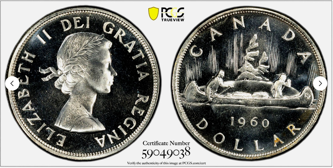 :1960 $1 DOLLAR ELIZABETH-II CANADA (SEMI-CAM) PCGS PL67 RARE R6 HIGHEST-GRADES