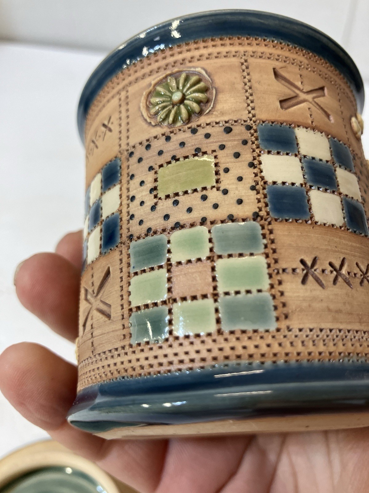 Glazed Pottery Trinket Box With Quilted Pattern