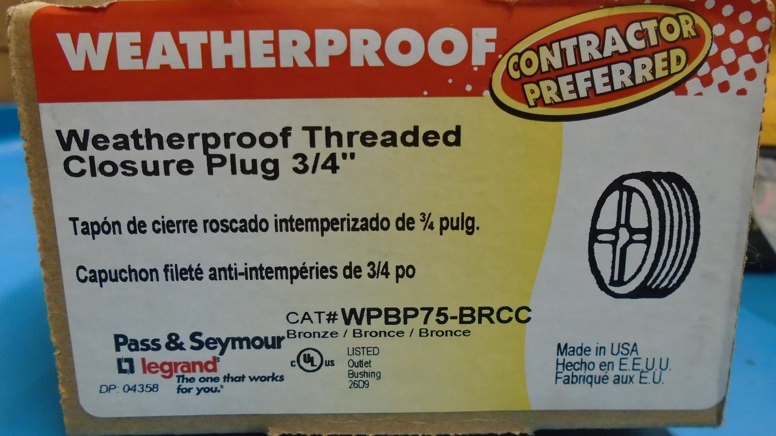 Free Ship Made in USA, Pass & Seymour, 3 Count, 3/4" Threaded Box Closure Plugs