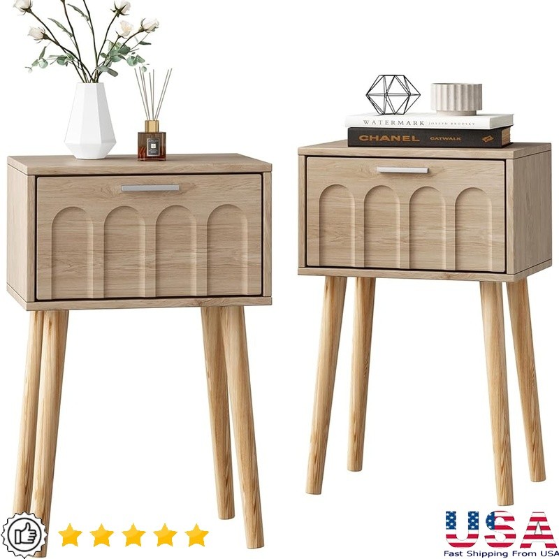 Mid Century Nightstand Set of 2 Arch Door Side Table Bedside Storage Solution US